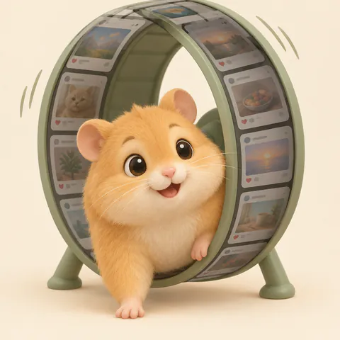 Ein Hamster steigt aus einem Laufrad, das aus Feed-Beiträgen besteht.